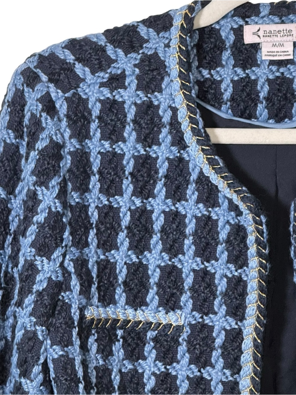 Nanette Lepore Windowpane Blue Tweed Bouclé Jacket Gold Buttons Medium - Picture 5 of 10